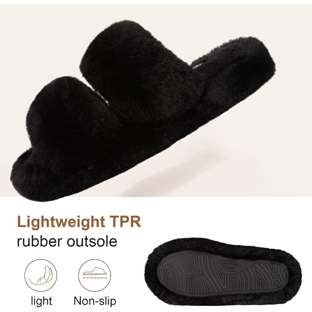 Women's Black Fluffy Fleece Faux Fur Open Two Band Lining Rubber Sole Slippers - Picture 3 of 6
